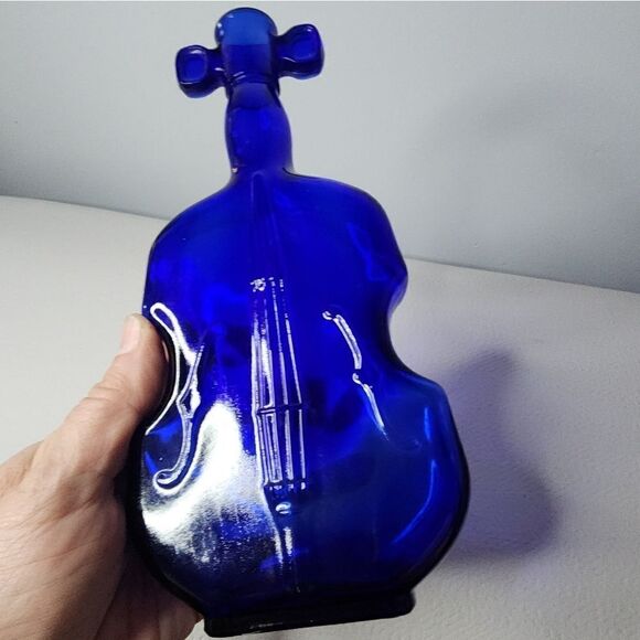 Vintage 8" Cobalt Blue Glass Bottle Vase Cello Violin Fiddle Shaped Decanter - Picture 2 of 5